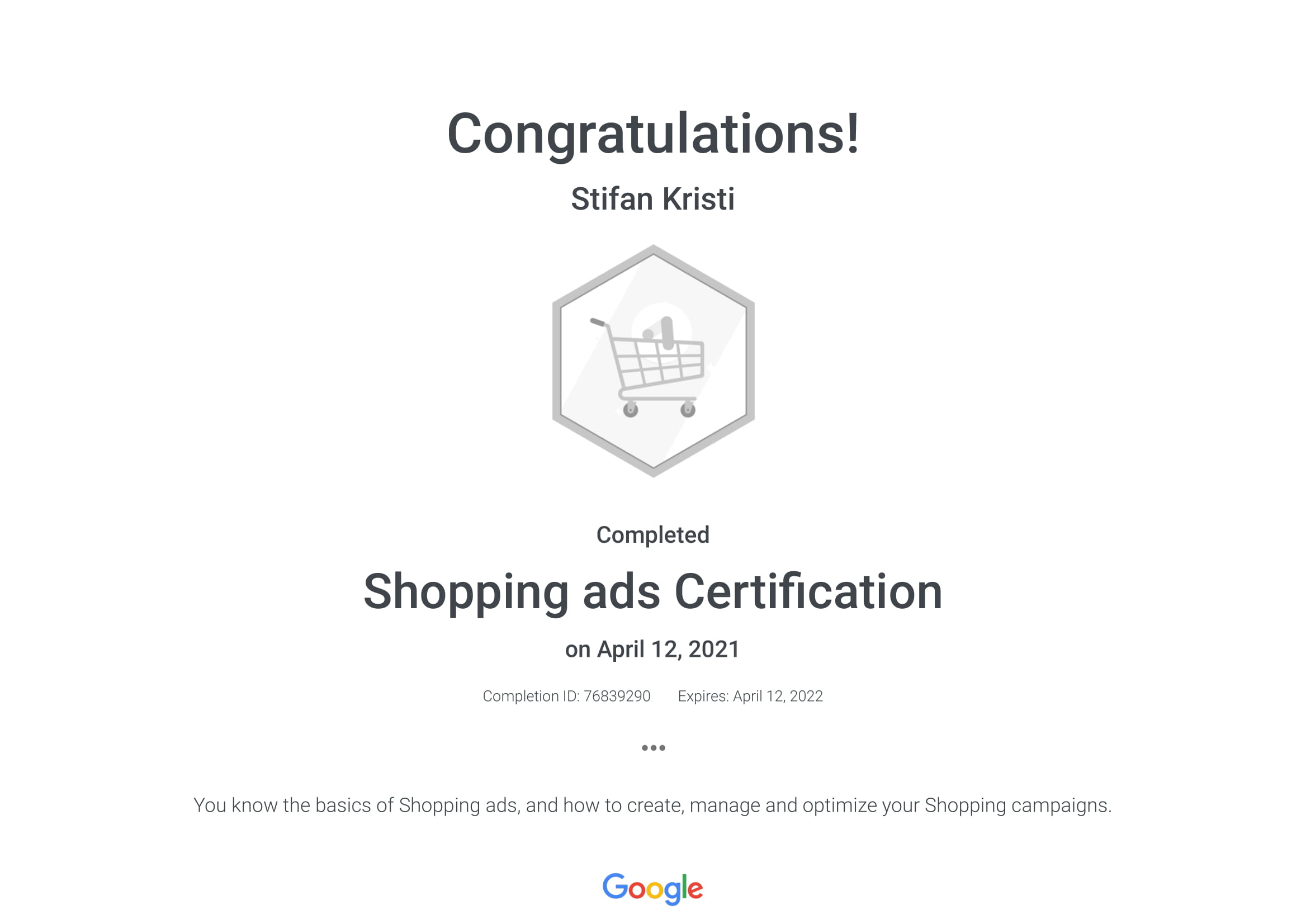 Google - Shopping ads Certification